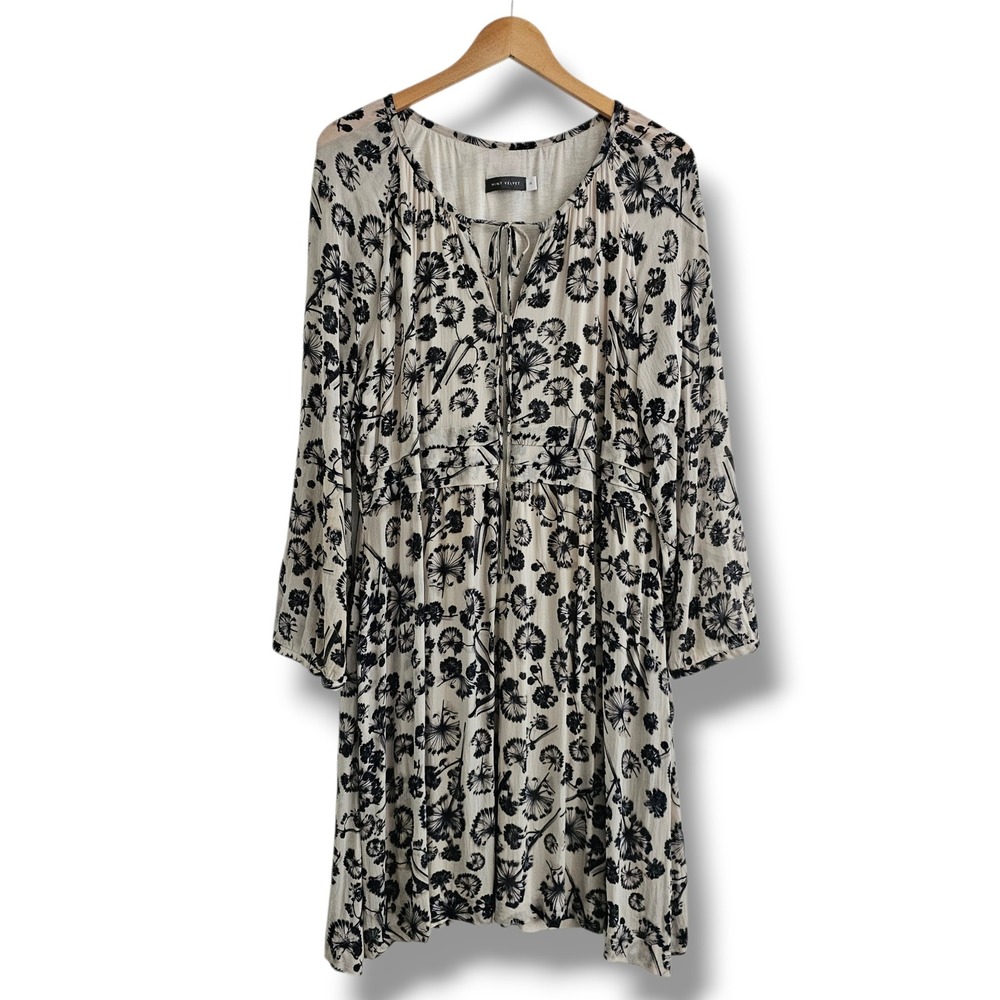 Mint Velvet Dress 18 Cream Black Dandelion Dark Floral Tie Neck Long Sleeve Boho